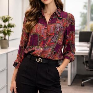 J. Mclaughlin Women's Silk Blouse Shirt Small Top Patchwork Boho Paisley Office